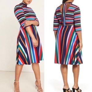 Eloquii Rainbow Striped Mock Neck Fit and Flare Tie Neck Midi Dress Size…